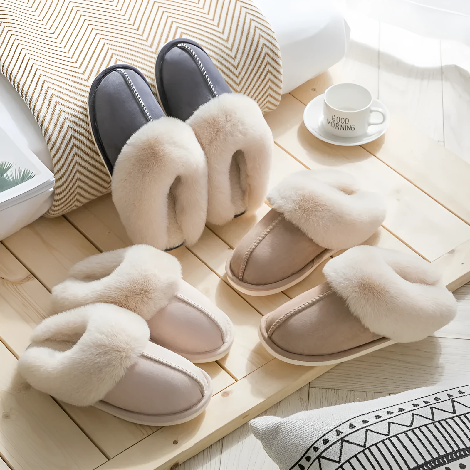 Cotton slippers with suede upper and artificial wool lining in beige, round toe, non-slip sole for home use