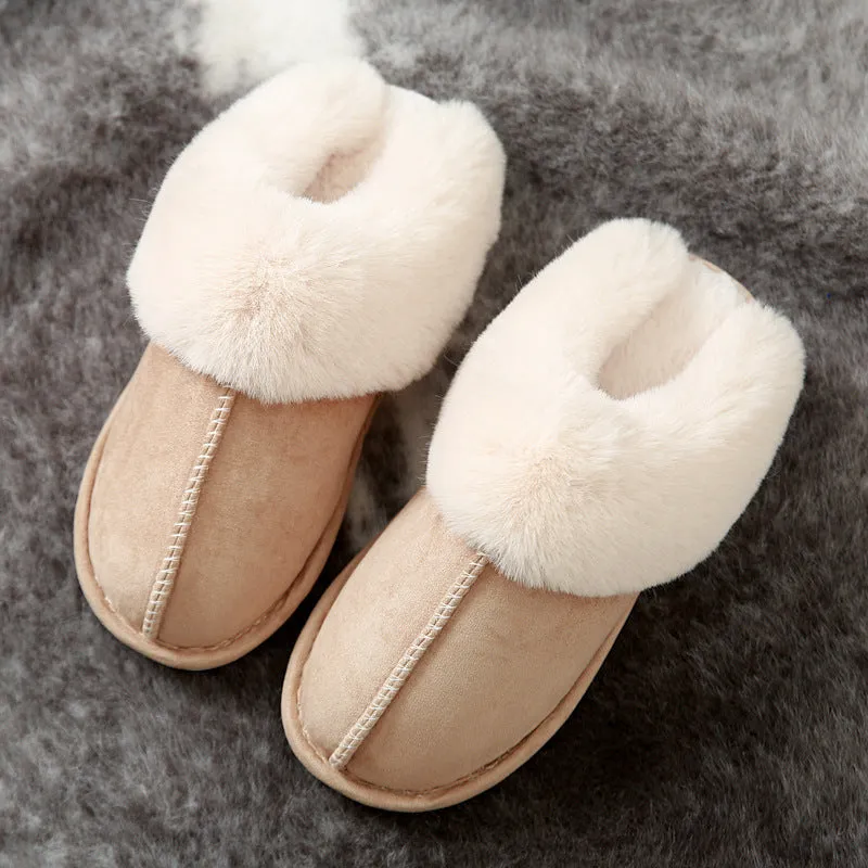 Cotton slippers with suede upper and artificial wool lining in beige, round toe, non-slip sole for home use