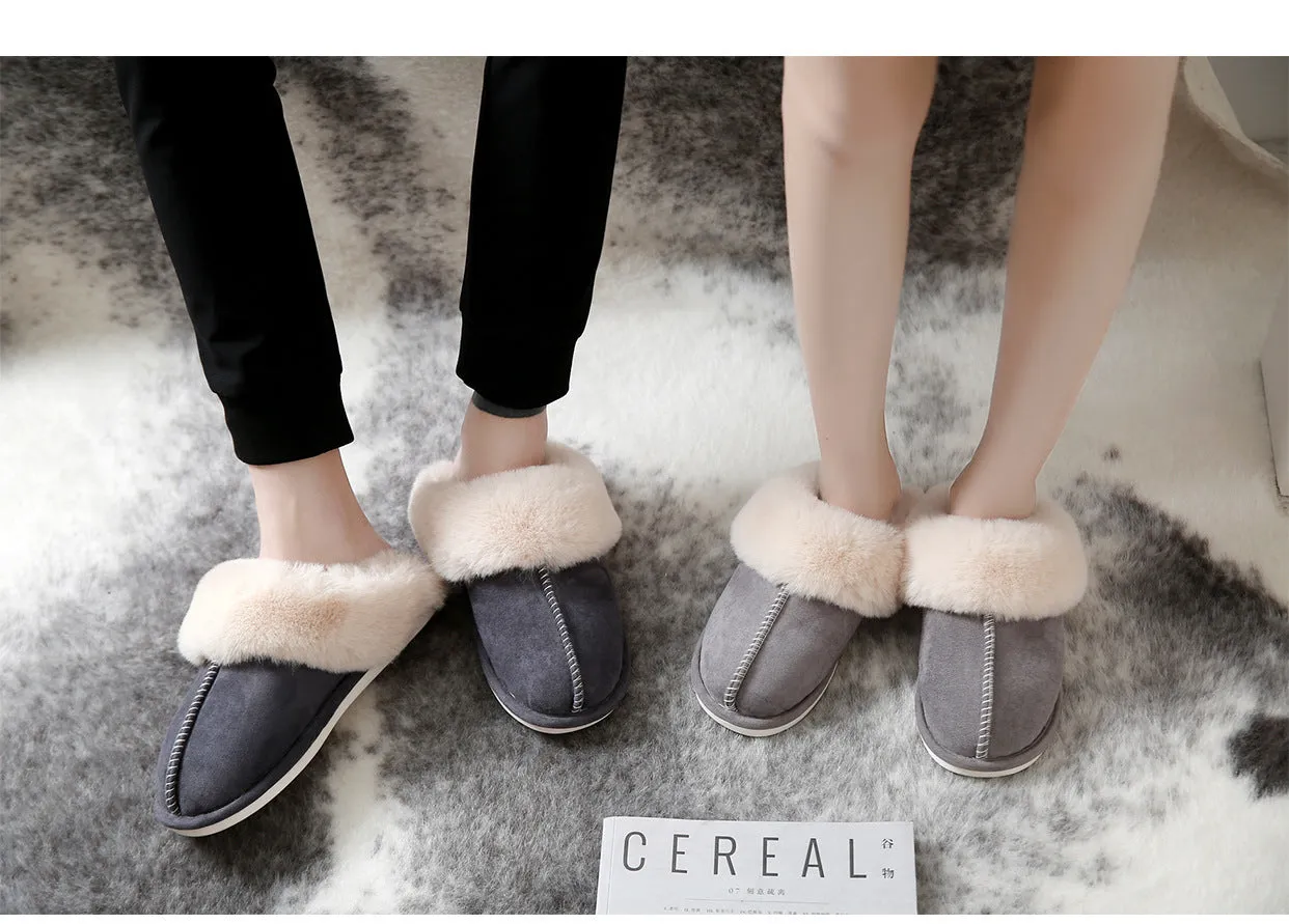 Cotton slippers with suede upper and artificial wool lining in beige, round toe, non-slip sole for home use