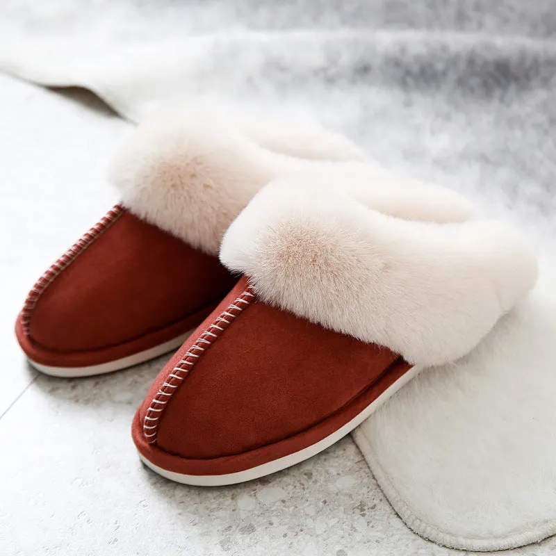 Cotton slippers with suede upper and artificial wool lining in beige, round toe, non-slip sole for home use