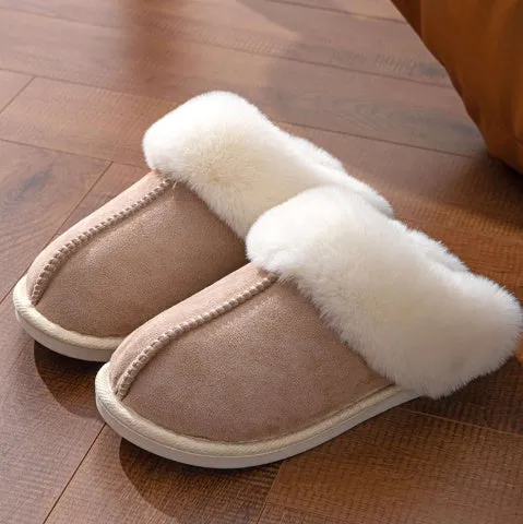 Cotton slippers with suede upper and artificial wool lining in beige, round toe, non-slip sole for home use