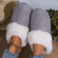 Cotton slippers with suede upper and artificial wool lining in beige, round toe, non-slip sole for home use