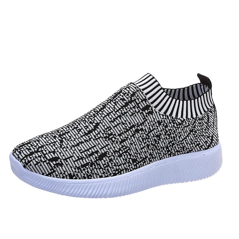 Unisex stripe knit sock shoes flat sneakers in white grey flower colour low top EVA sole