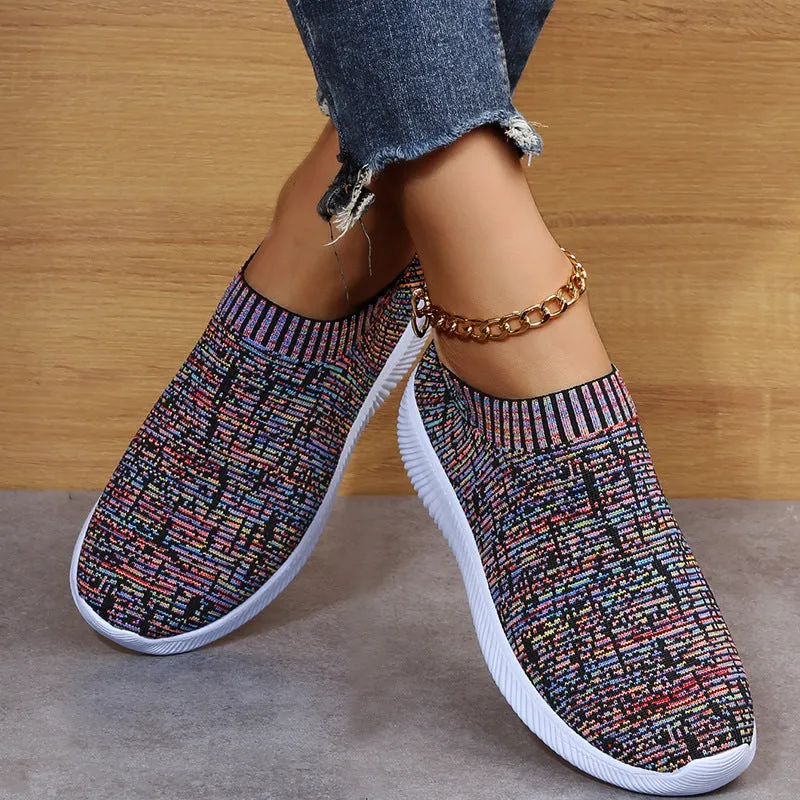 Unisex stripe knit sock shoes flat sneakers in white grey flower colour low top EVA sole