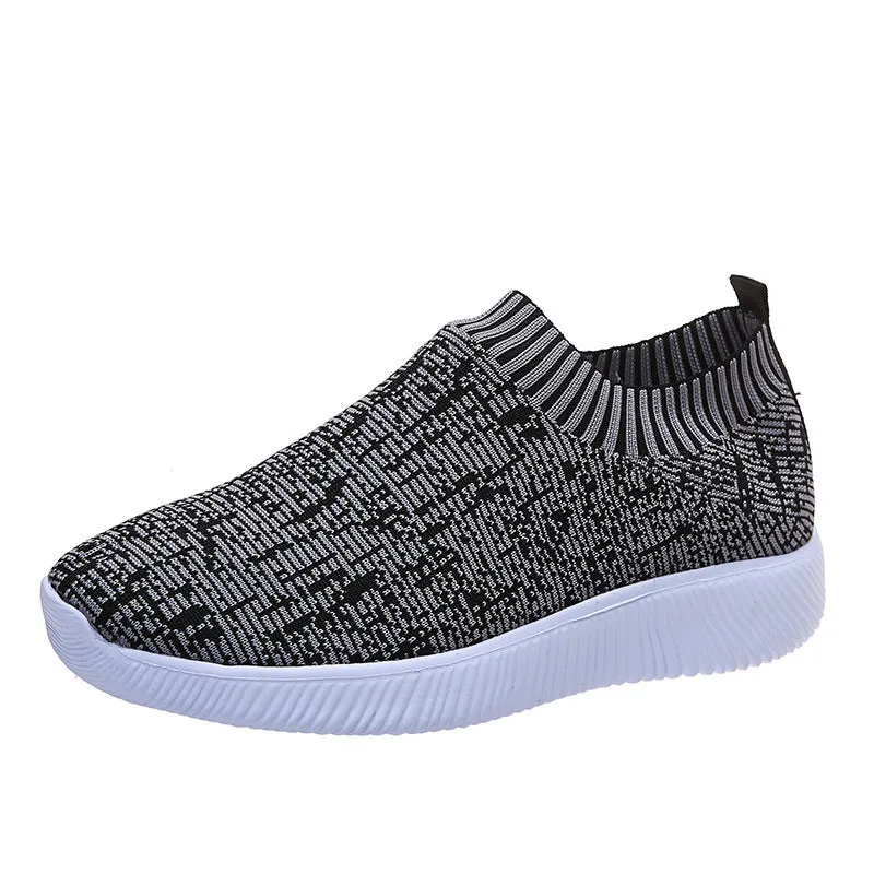 Unisex stripe knit sock shoes flat sneakers in white grey flower colour low top EVA sole