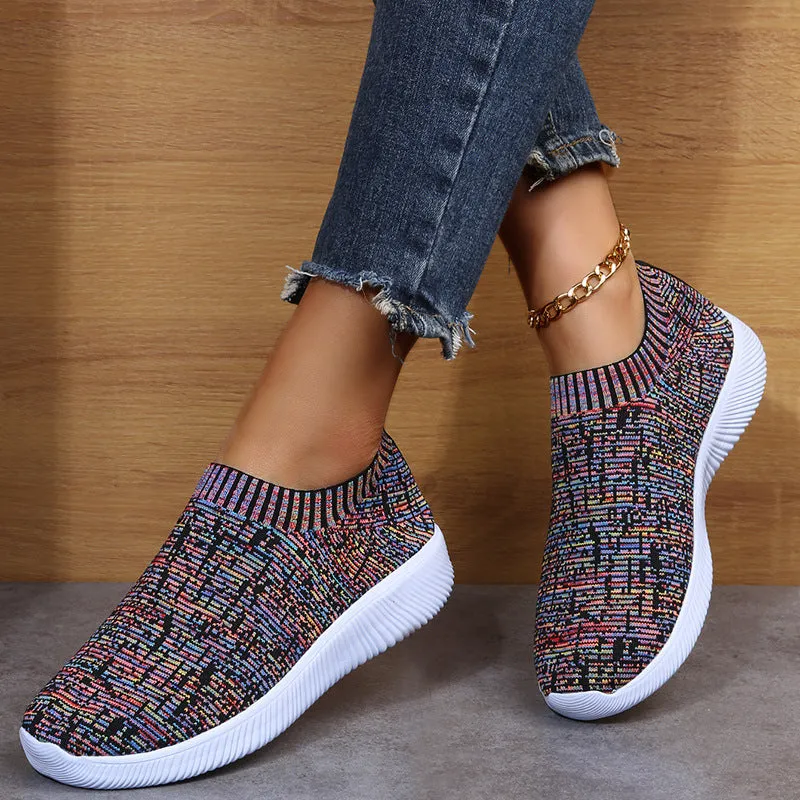 Unisex stripe knit sock shoes flat sneakers in white grey flower colour low top EVA sole