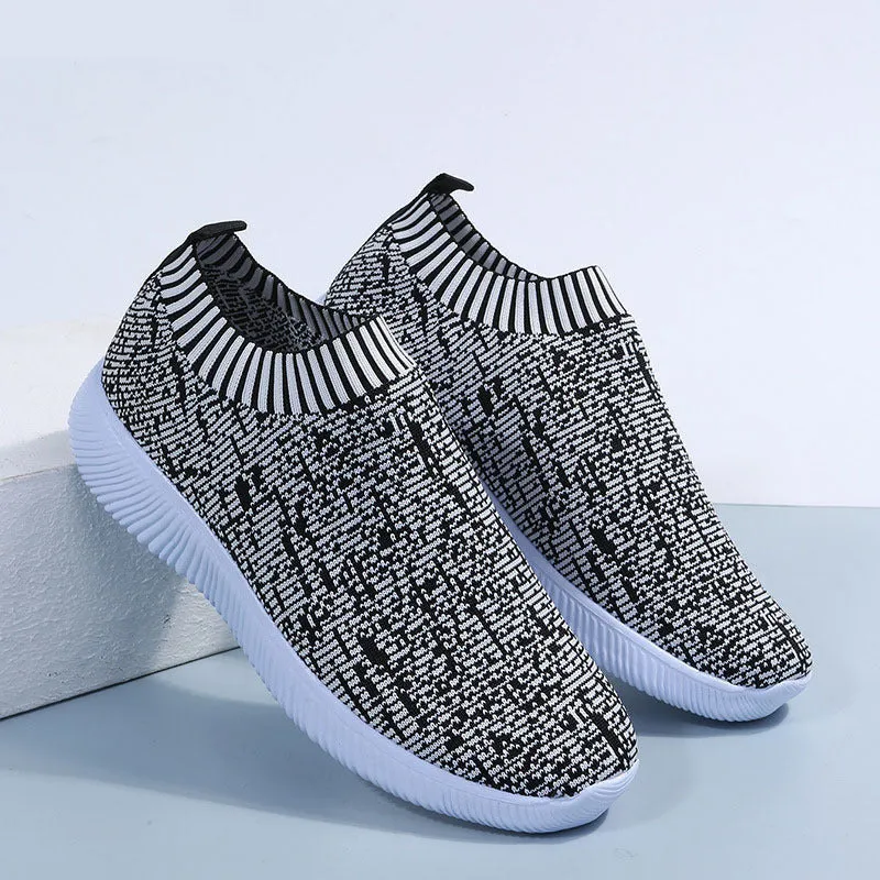 Unisex stripe knit sock shoes flat sneakers in white grey flower colour low top EVA sole