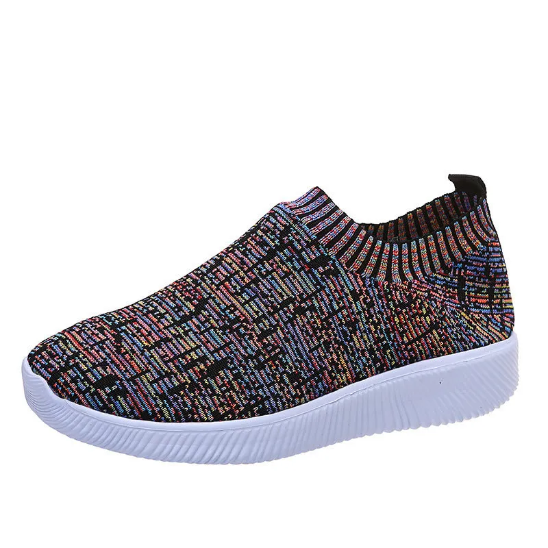 Unisex stripe knit sock shoes flat sneakers in white grey flower colour low top EVA sole