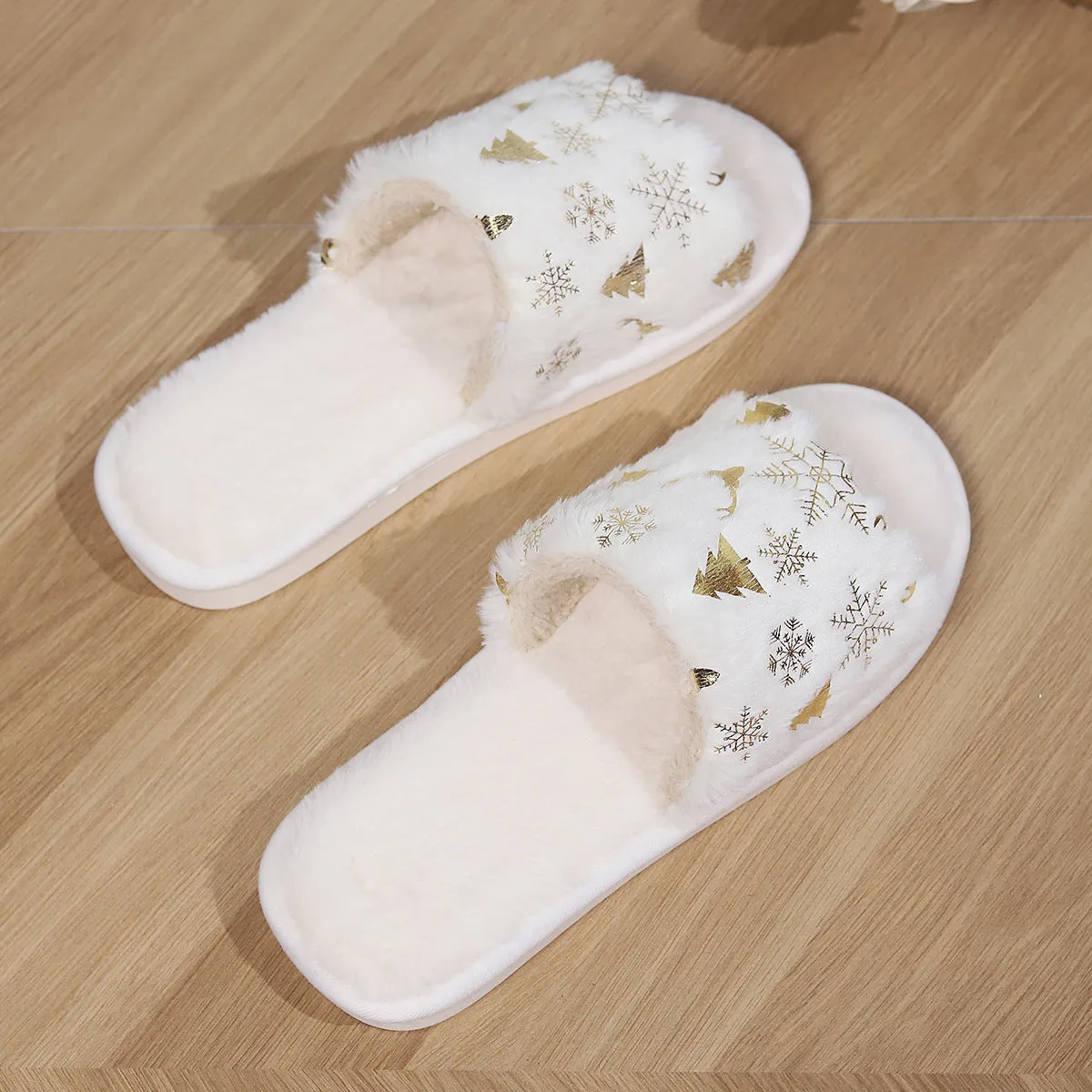 White Christmas plush open-toed slippers with non-slip PVC sole, featuring tree and snowflake decorations