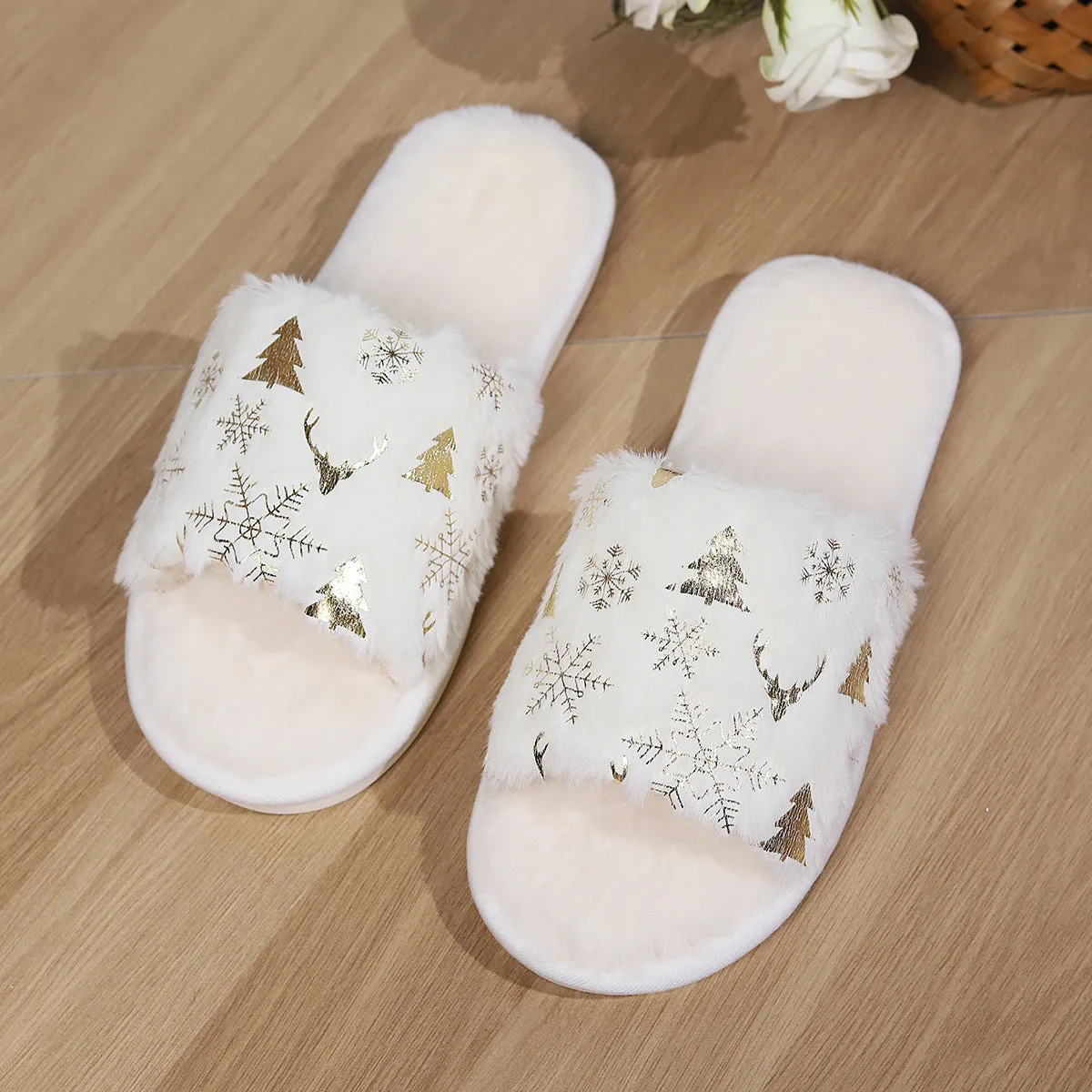 White Christmas plush open-toed slippers with non-slip PVC sole, featuring tree and snowflake decorations