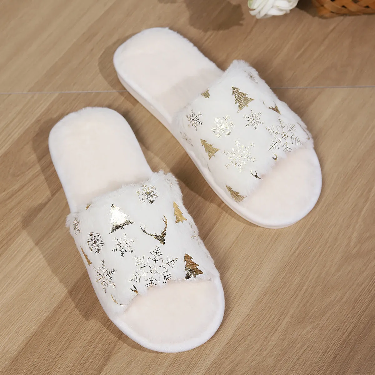 White Christmas plush open-toed slippers with non-slip PVC sole, featuring tree and snowflake decorations