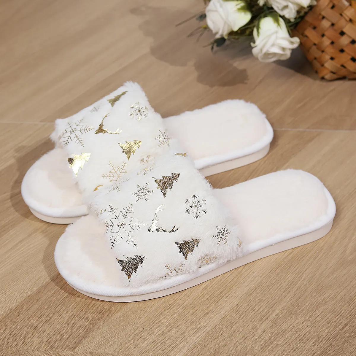 White Christmas plush open-toed slippers with non-slip PVC sole, featuring tree and snowflake decorations