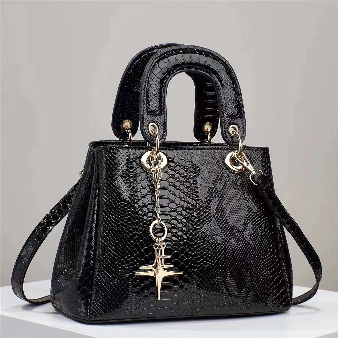 Women's PU crocodile-pattern messenger bag in silver with zip closure, inner pockets, and shoulder strap shown on neutral background