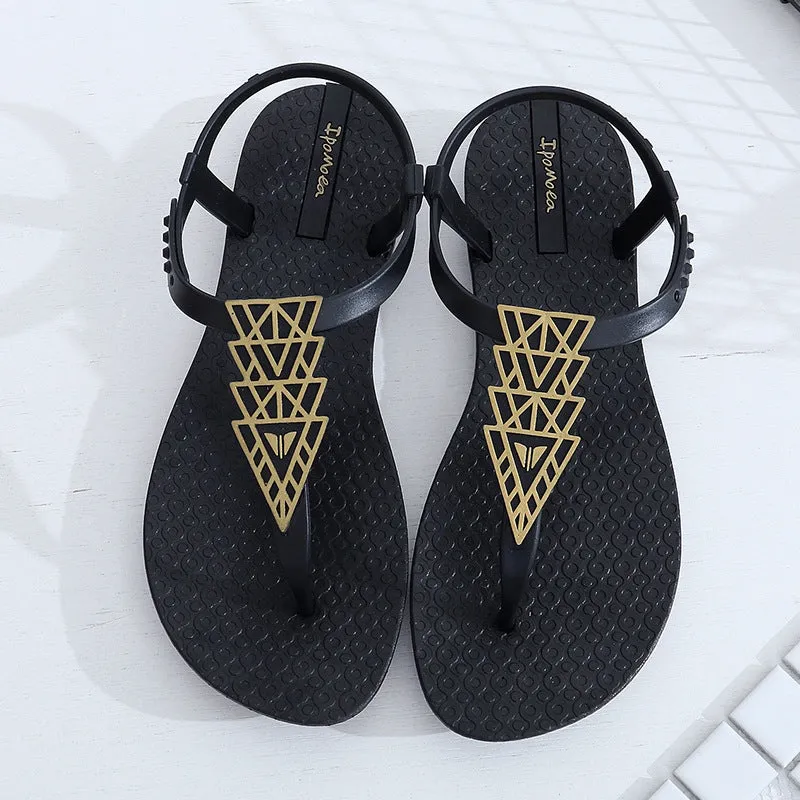 Bohemia soft sole flat sandals in black for women, folk style, with simple straps and flat base