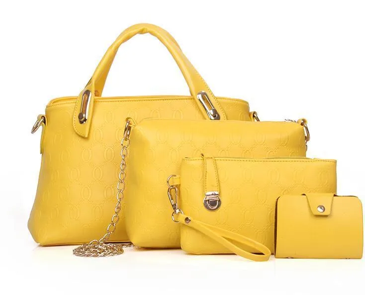 New Korean fashion embossed PU four-piece ladies bag set with three bags in black, blue, and pink
