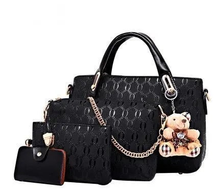 New Korean fashion embossed PU four-piece ladies bag set with three bags in black, blue, and pink