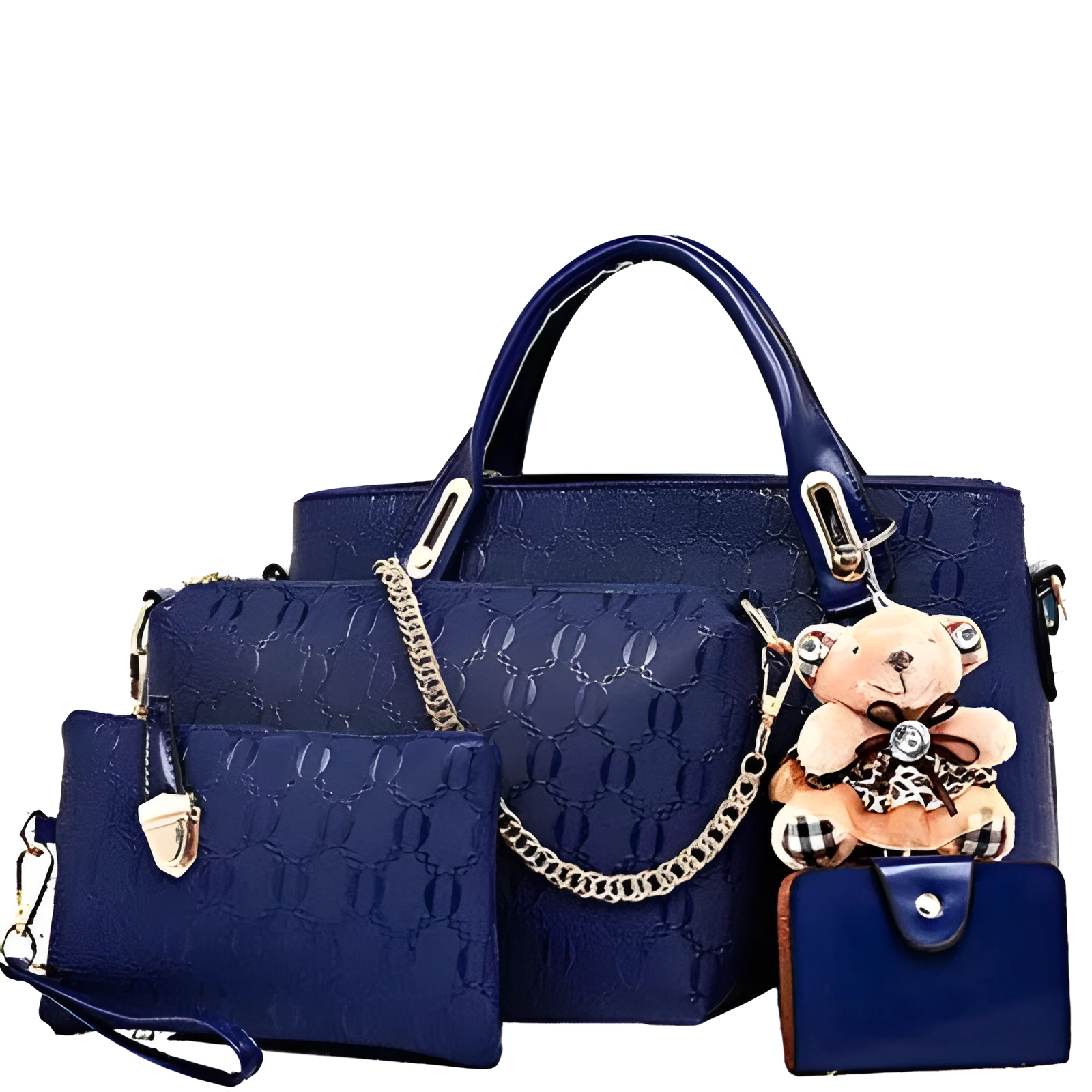 New Korean fashion embossed PU four-piece ladies bag set with three bags in black, blue, and pink
