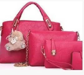 New Korean fashion embossed PU four-piece ladies bag set with three bags in black, blue, and pink