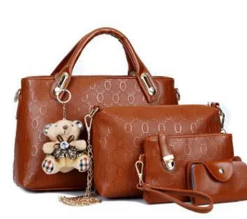 New Korean fashion embossed PU four-piece ladies bag set with three bags in black, blue, and pink