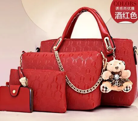 New Korean fashion embossed PU four-piece ladies bag set with three bags in black, blue, and pink