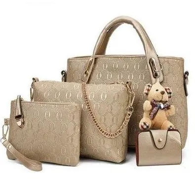 New Korean fashion embossed PU four-piece ladies bag set with three bags in black, blue, and pink