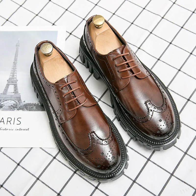 Men's black and brown breathable brogue shoes with round toe design and artificial PU upper