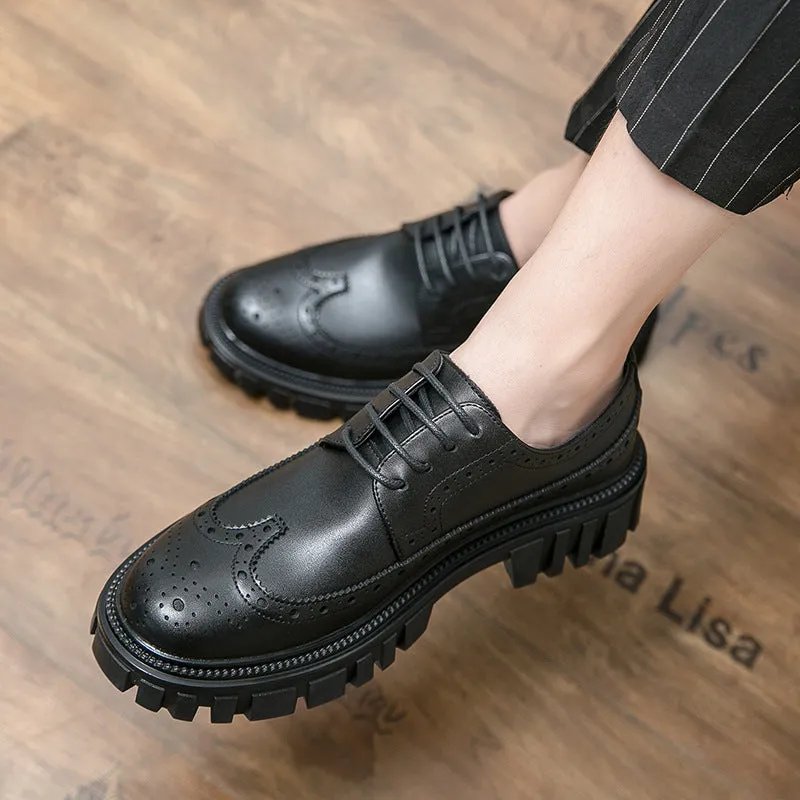 Men's black and brown breathable brogue shoes with round toe design and artificial PU upper