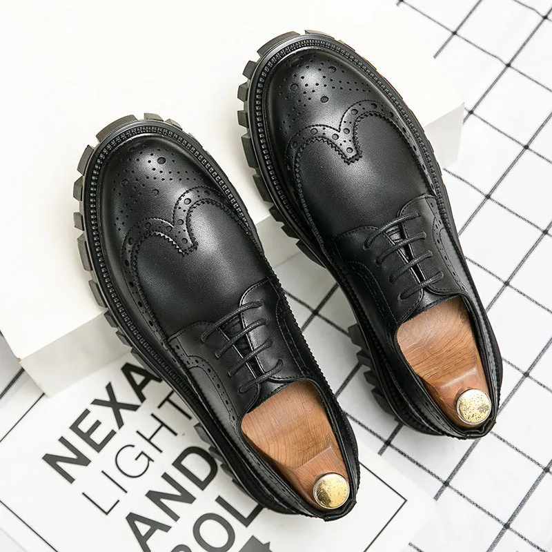 Men's black and brown breathable brogue shoes with round toe design and artificial PU upper