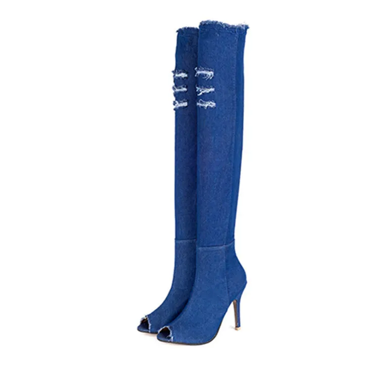 High-stretch denim knee high boots with stovepipe fit, 55cm tube height, rubber sole, black colour option