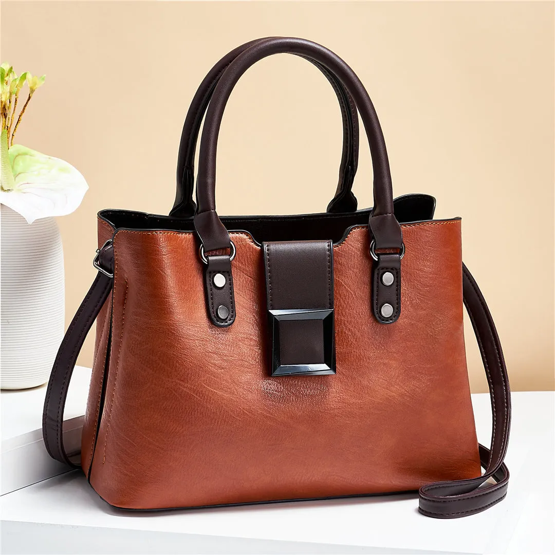 Large vertical square women shoulder bag with lychee pattern PU and gold-toned buckle in red