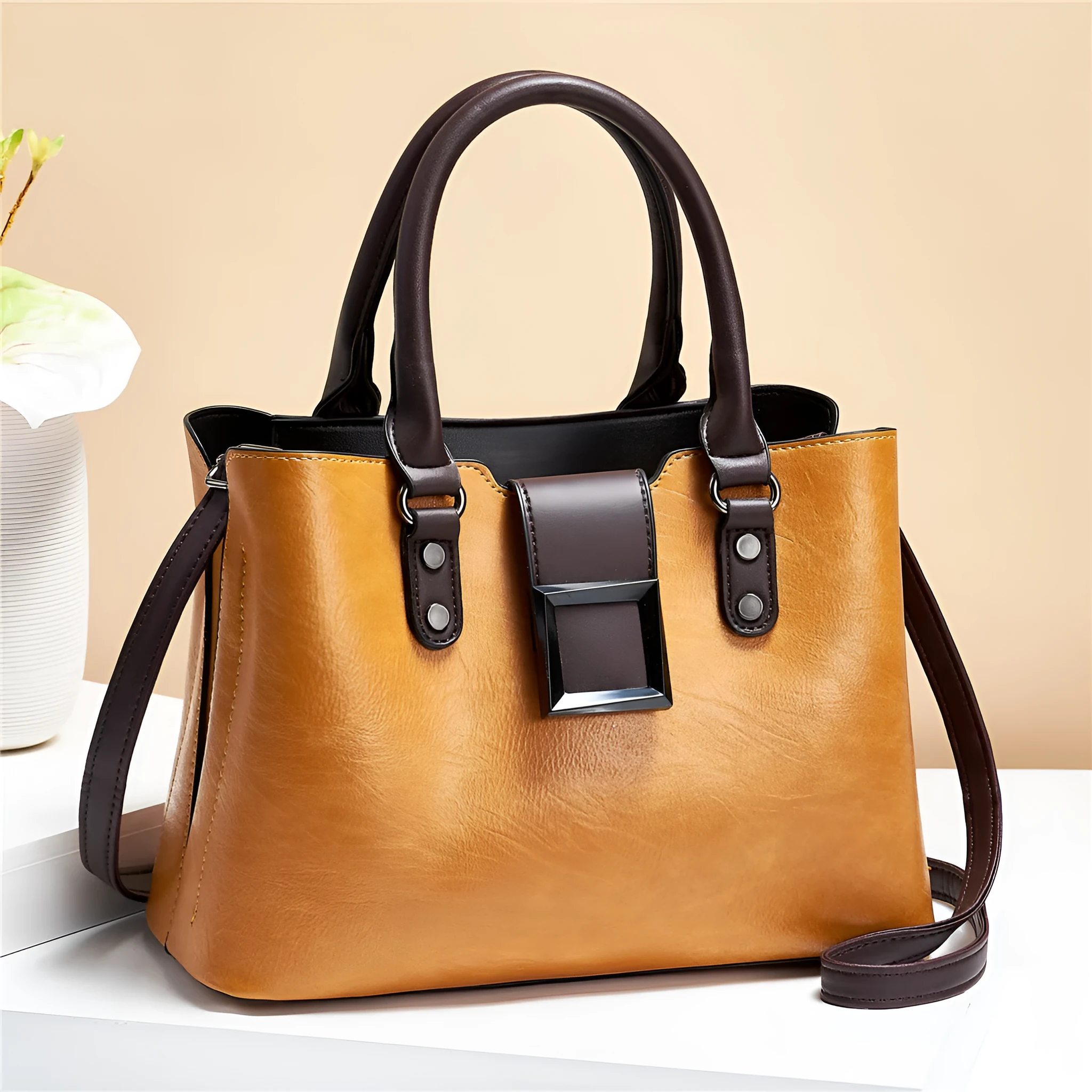 Large vertical square women shoulder bag with lychee pattern PU and gold-toned buckle in red