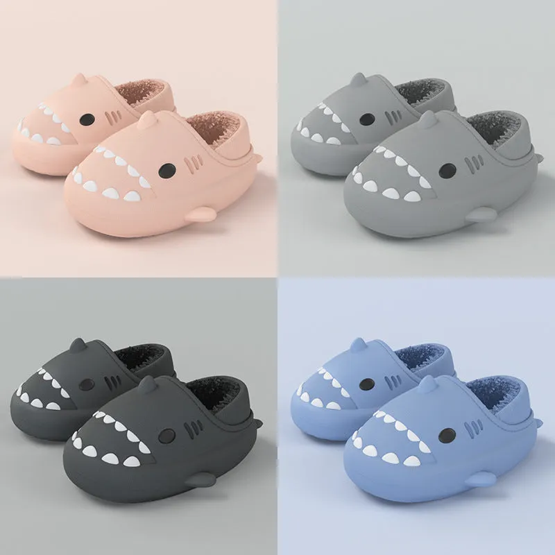 Haze blue shark slippers unisex EVA thickened plush winter house shoes with baotou style