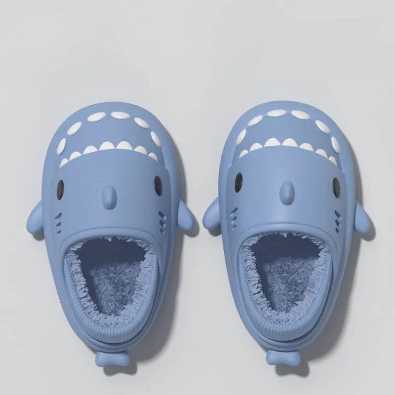 Haze blue shark slippers unisex EVA thickened plush winter house shoes with baotou style