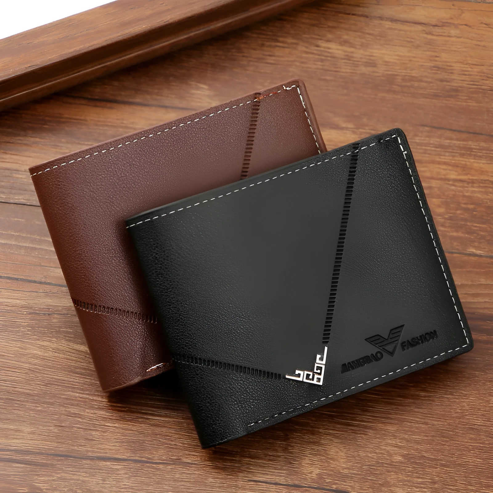Men's PU leather multi-card-slot short wallet with lychee pattern in black