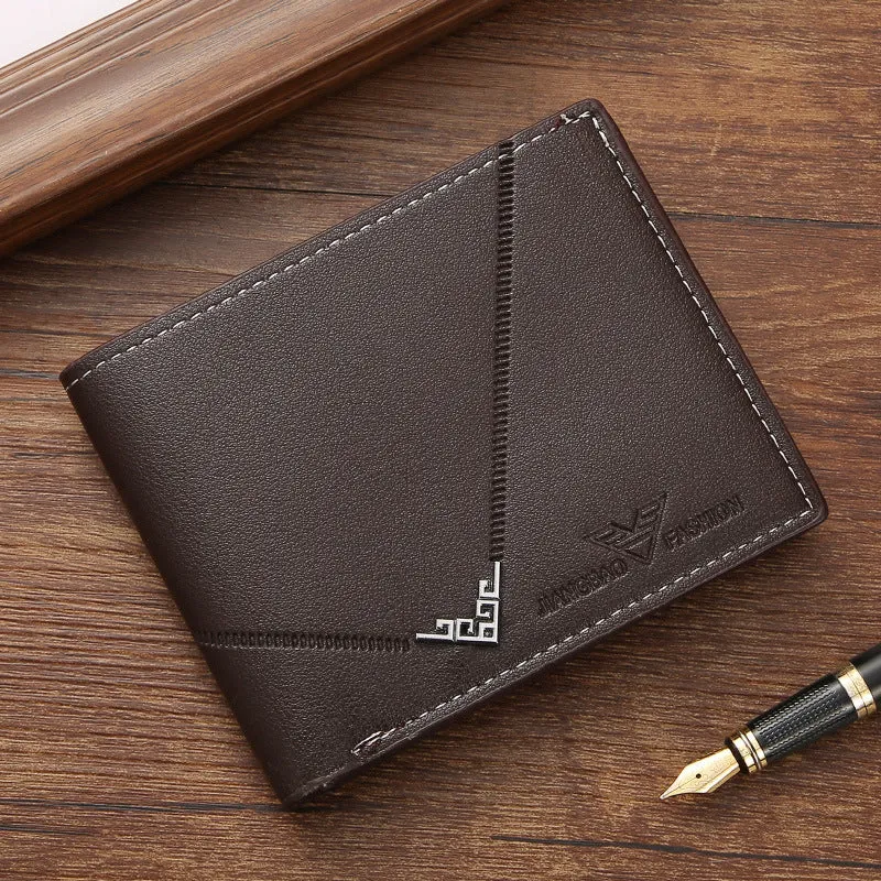 Men's PU leather multi-card-slot short wallet with lychee pattern in black