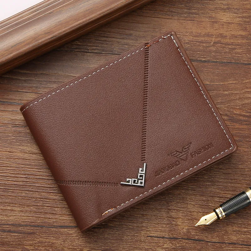 Men's PU leather multi-card-slot short wallet with lychee pattern in black