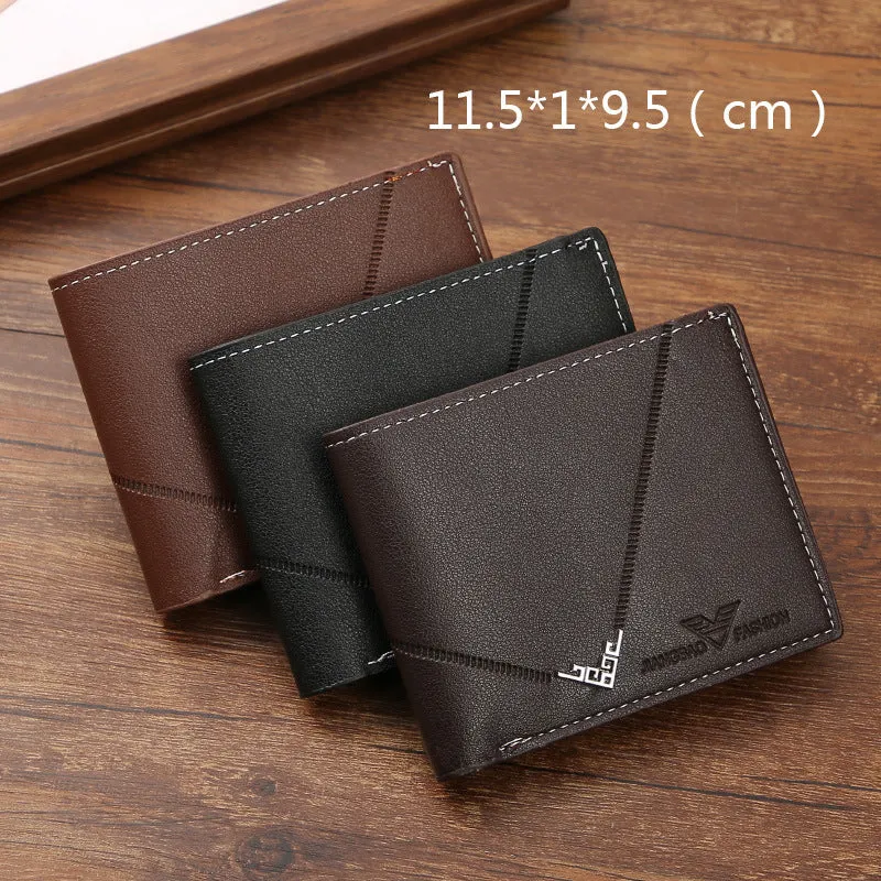 Men's PU leather multi-card-slot short wallet with lychee pattern in black