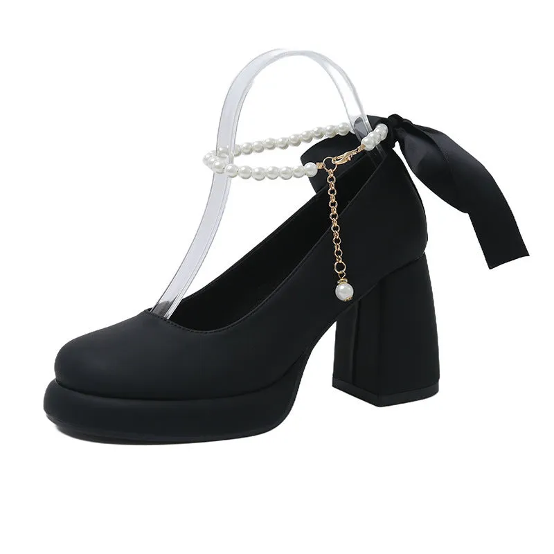 Women's beige preppy style Mary Jane shoes with chunky heel and ankle strap buckle