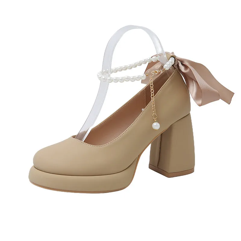 Women's beige preppy style Mary Jane shoes with chunky heel and ankle strap buckle