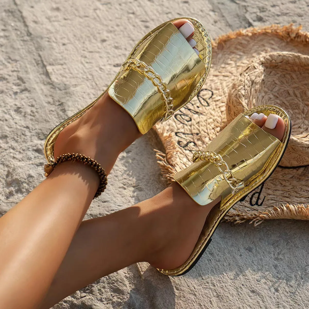 Pattern chains sandals women flat fish mouth slides summer casual beach slippers with artificial PU upper rubber sole