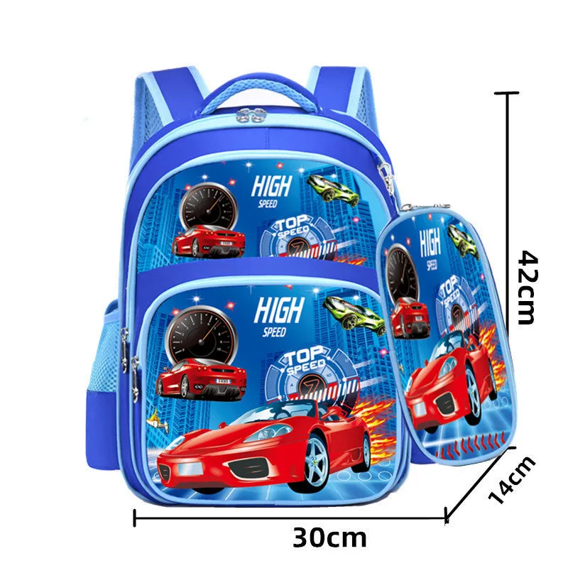 Blue anime cartoon print nylon school backpack with matching pencil case.