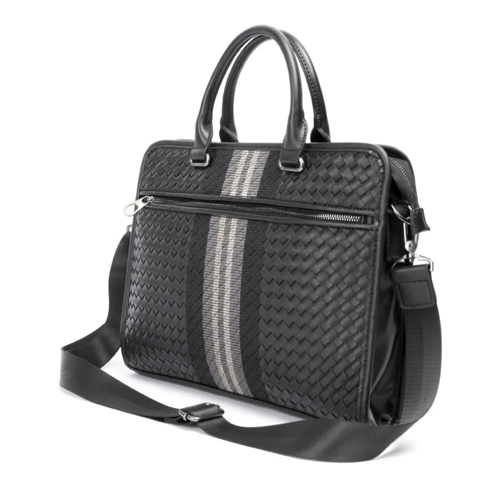 Men's stitching woven business casual briefcase in black PU leather with shoulder strap, solid colour design
