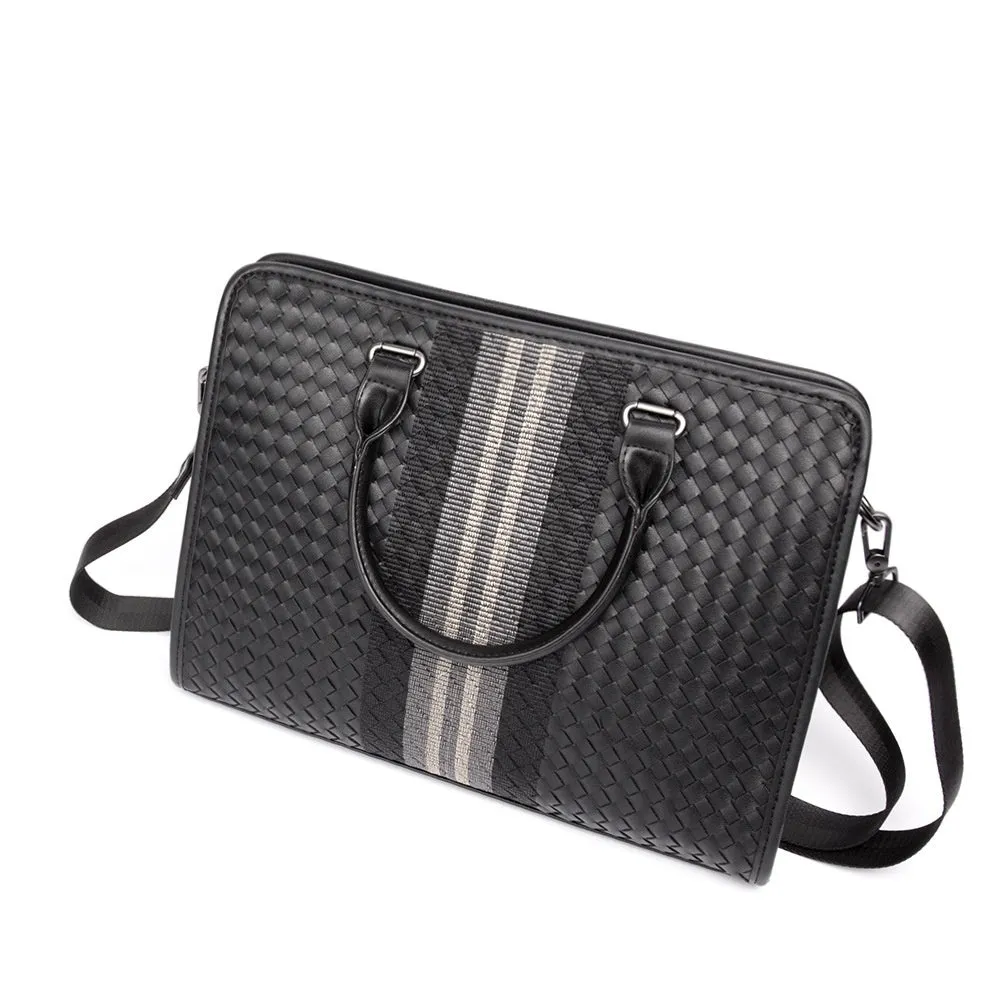 Men's stitching woven business casual briefcase in black PU leather with shoulder strap, solid colour design