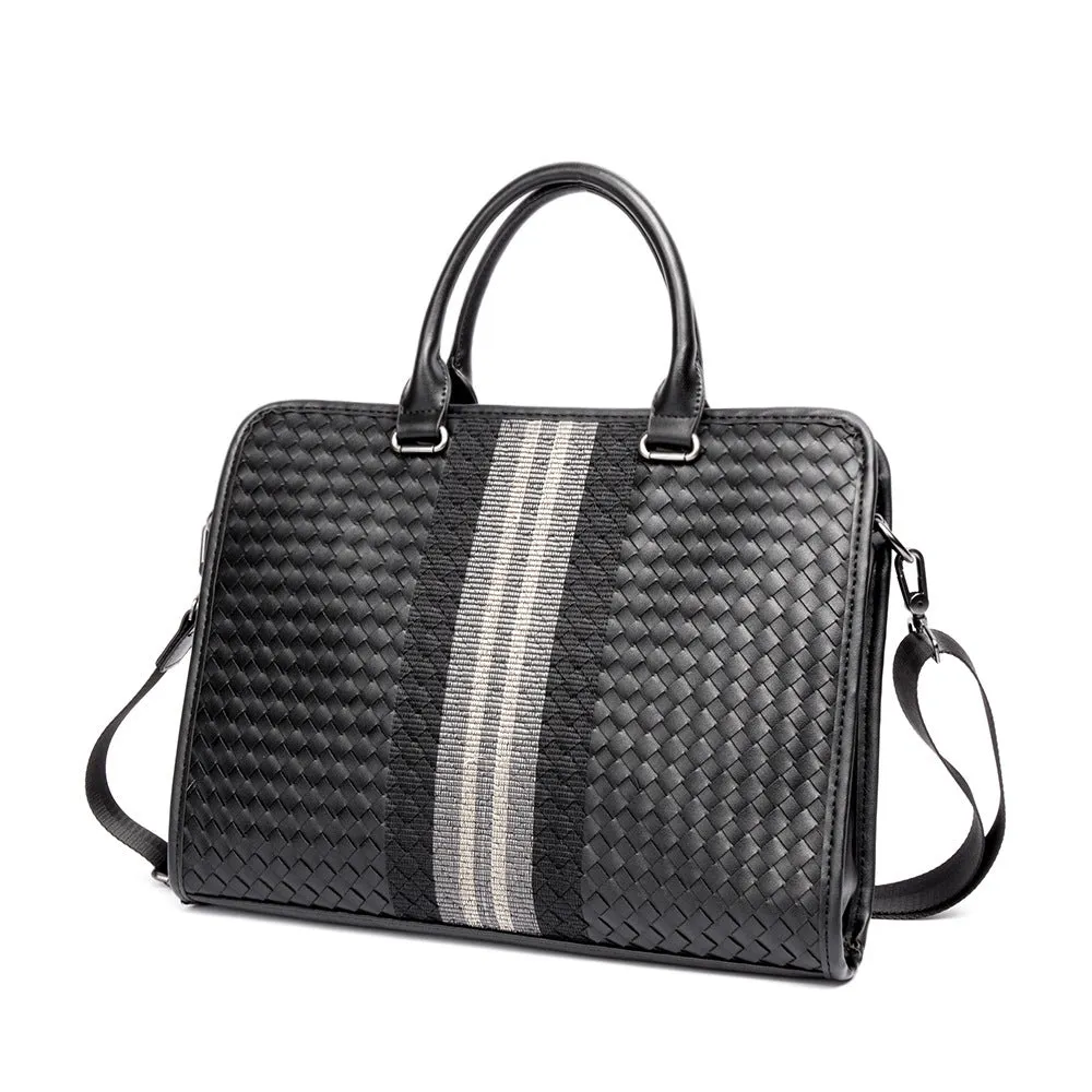 Men's stitching woven business casual briefcase in black PU leather with shoulder strap, solid colour design