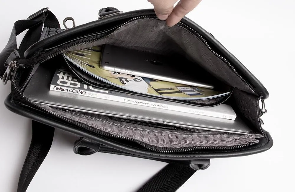 Men's stitching woven business casual briefcase in black PU leather with shoulder strap, solid colour design