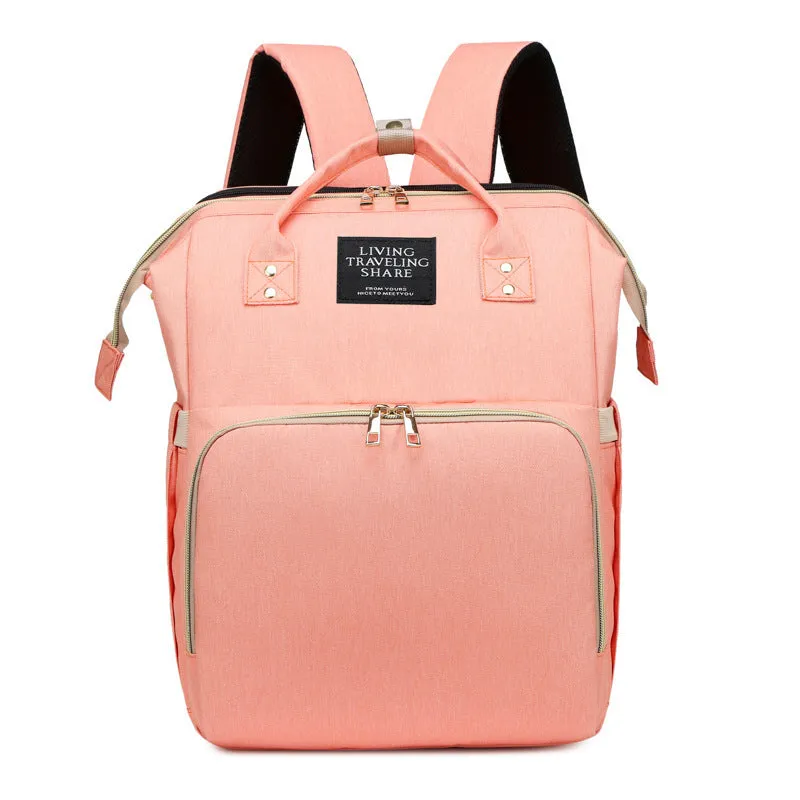 Multifunctional maternity diaper backpack with removable foldable crib in green Oxford fabric