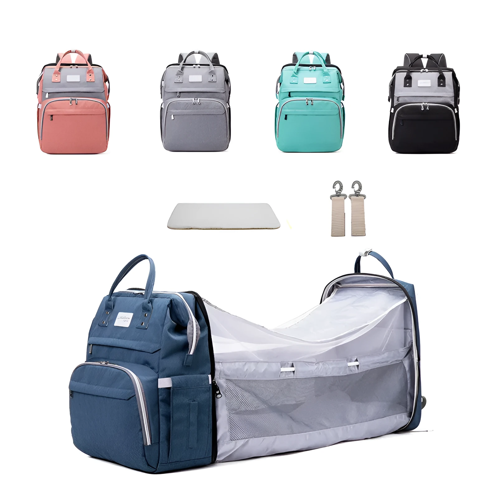 Multifunctional maternity diaper backpack with removable foldable crib in green Oxford fabric