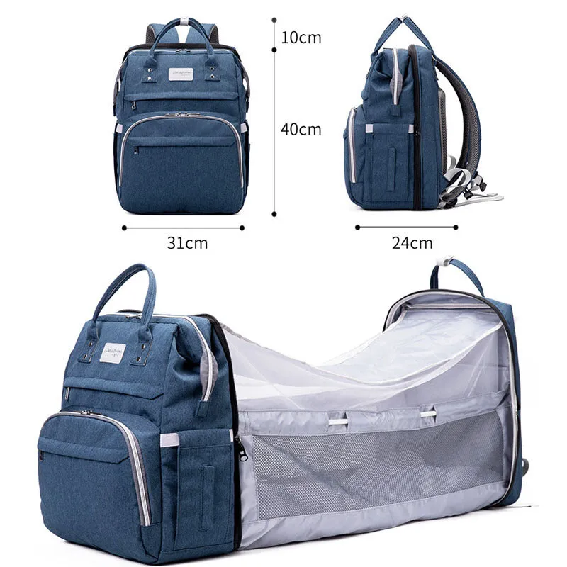 Multifunctional maternity diaper backpack with removable foldable crib in green Oxford fabric