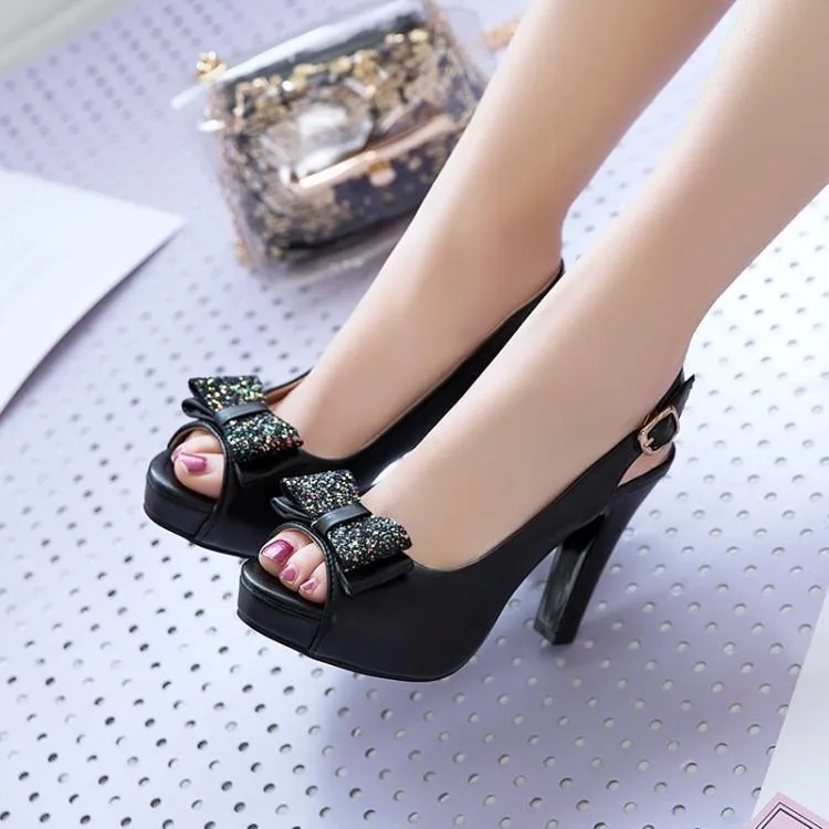 Women's bow high heel shoes in black, round toe, thick heel with waterproof platform