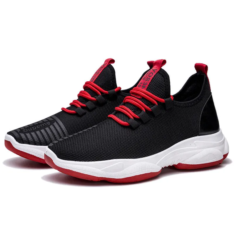 Men's black white breathable mesh lace-up casual sneakers with plastic sole and flat heel